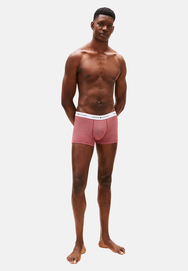 Calzoncillos bóxer con patrón rojo y cintura elástica blanca con el nombre de la marca "TOMMY HILFIGER". Tela lisa, diseño ajustado.
