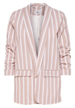 Roze gestreepte blazer met witte verticale strepen, voorzien van een reverskraag, zijzakken en gerimpelde mouwen. Gemaakt van zachte stof.