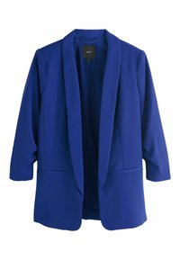 Blue blazer with a relaxed fit, long sleeves, and no buttons. Features a lapel collar and two front pockets with a smooth texture.