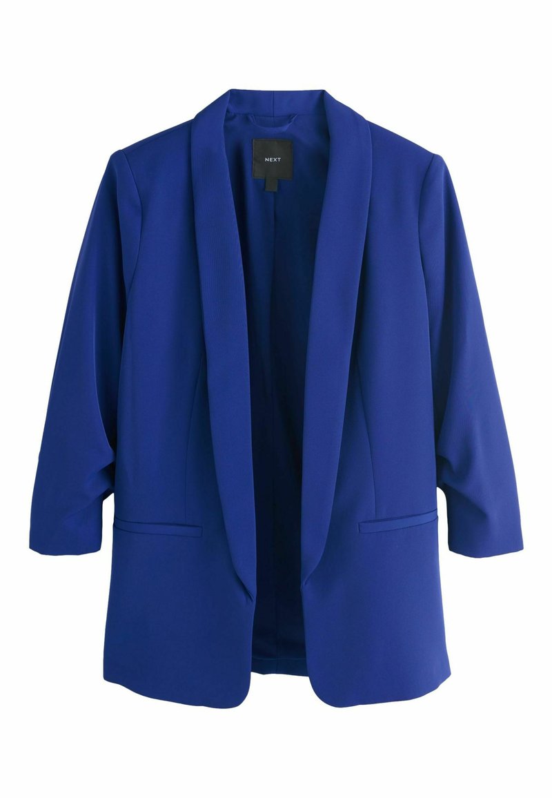 Blue blazer with a relaxed fit, long sleeves, and no buttons. Features a lapel collar and two front pockets with a smooth texture.