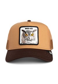 Tan cap with a brown visor and mesh sides, featuring an embroidered owl patch with the text "WISE ASS" in black on a white background.