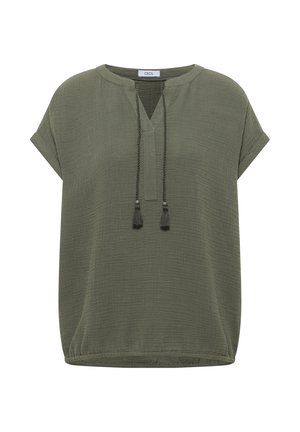 Olivgrüne Kurzarmbluse mit strukturiertem Stoff, rundem Ausschnitt, V-Schlitz und Quastenbändern vorne.