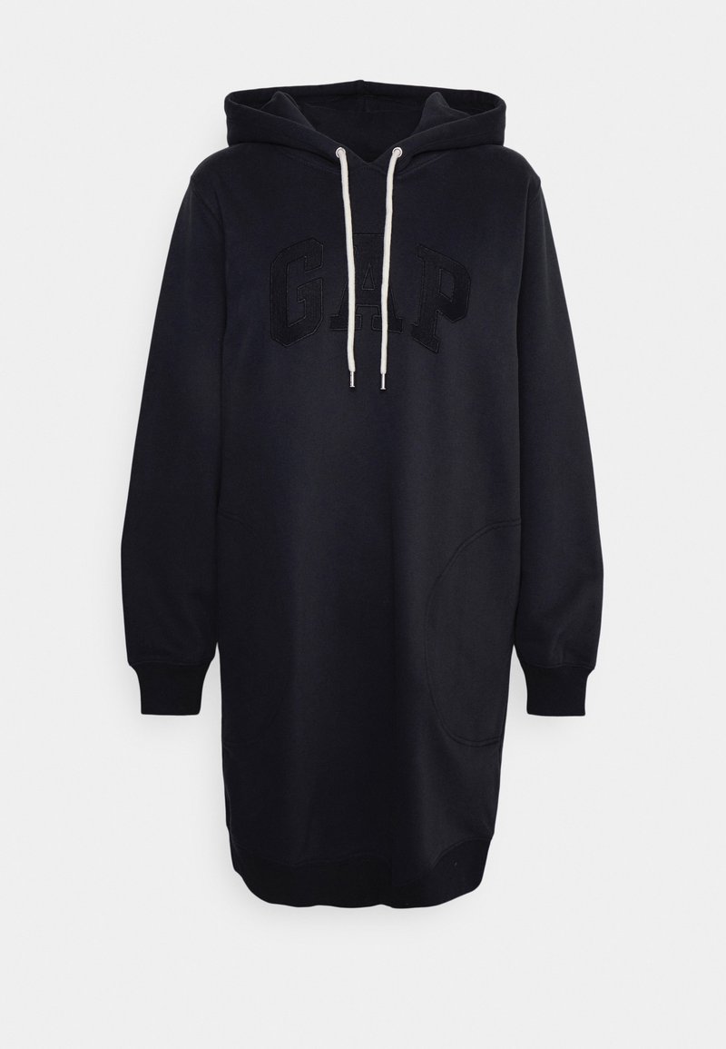 Robe longue à capuche noire avec poche avant, cordons blancs et logo GAP embossé sur la poitrine.