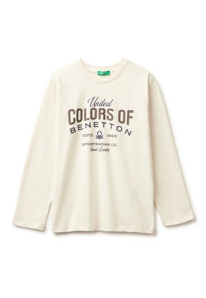 Crème-kleurig langemouw T-shirt van katoen, met donkere bedrukte tekst "United Colors of Benetton" en een ronde halslijn.