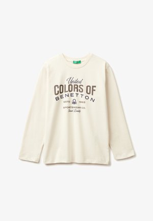 Cremfarbener Langarmshirt aus Baumwolle mit dunkel gedrucktem Text "United Colors of Benetton" und Rundhalsausschnitt.