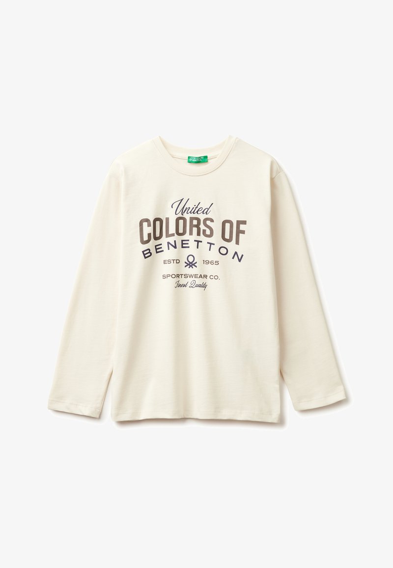 Cream-colored long-sleeve t-shirt made of cotton, featuring dark printed text "United Colors of Benetton" and a round neckline.