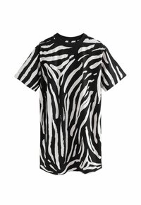 T-shirt à manches courtes zébré noir et blanc avec un col rond, présentant des rayures audacieuses et irrégulières sur un tissu lisse.