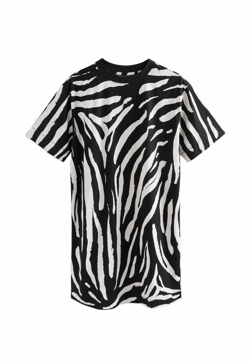 T-shirt à manches courtes zébré noir et blanc avec un col rond, présentant des rayures audacieuses et irrégulières sur un tissu lisse.
