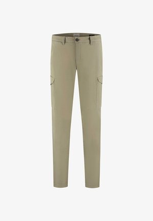Lichtbeige cargobroek met een slim fit, voorzien van twee zijzakken met kleppen en een rits, gebogen zijnaadamingen en een knoopsluiting.