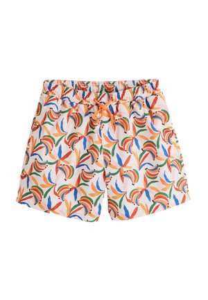 Hvide shorts med elastik i taljen og orange snøre, med et farverigt abstrakt bladmønster i orange, blå, grøn og rød.