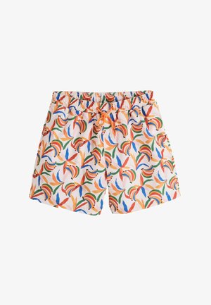 Białe szorty z elastycznym pasem i pomarańczowym sznurkiem, z kolorowym abstrakcyjnym wzorem liści w kolorach pomarańczowym, niebieskim, zielonym i czerwonym.