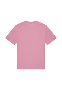 T-shirt rose à manches courtes, fabriqué en tissu doux, avec un col rond et un dos uni sans motifs ni designs visibles.