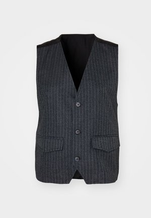 Szary kamizelka z pionowymi paskami, dekoltem w serek, pięcioma guzikami z przodu, dwoma kieszeniami z przodu oraz czarną satynową podszewką.