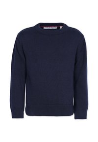 Granatowy, dziany sweter z okrągłym dekoltem, długimi rękawami oraz ściągaczami przy mankietach i u dołu. Tekstura jest gładka, a design klasyczny.