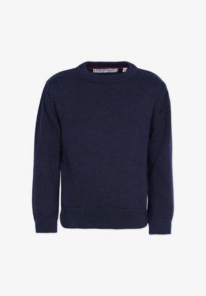 Granatowy, dziany sweter z okrągłym dekoltem, długimi rękawami oraz ściągaczami przy mankietach i u dołu. Tekstura jest gładka, a design klasyczny.