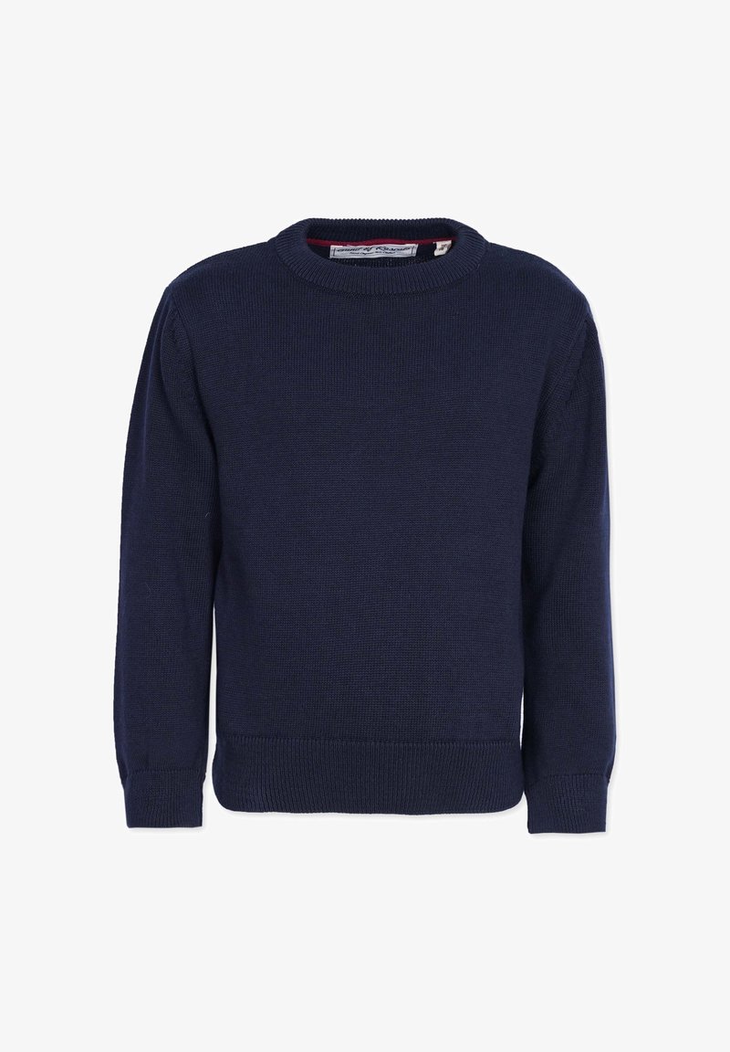 Marineblauer Strickpullover mit rundem Halsausschnitt, langen Ärmeln, gerippten Bündchen und Saum. Die Textur ist glatt und weist ein klassisches Design auf.