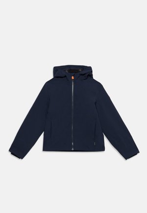 Giacca blu navy con cappuccio, cerniera frontale completa e maniche lunghe, stesa su uno sfondo grigio chiaro.
