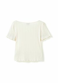 Kurzärmeliges, geripptes Oberteil in Off-White. Verfügt über einen weiten Ausschnitt und gewellte Kanten. Strukturmuster mit vertikalen Streifen durchgehend.