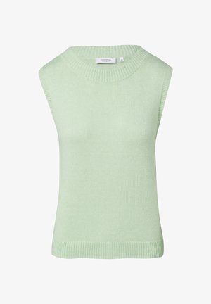 Lichtgroene mouwloze gebreide top met een ronde halslijn, geribbelde randen en een gladde textuur. Eenvoudig ontwerp zonder extra versieringen.