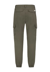 Cargo-Hosen in Olivgrün, aus leichtem Stoff gefertigt. Mit elastischem Bund, zwei seitlichen Taschen und Knöchelbündchen. Schlichtes Design.