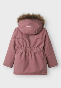 Pink winter coat with a fur-lined hood, elastic waist, and silver reflective accents. Smooth texture, long sleeves, and no visible fasteners.