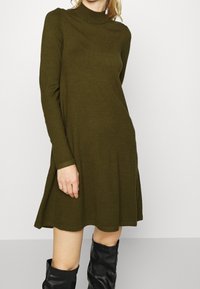 Stickad långärmad klänning i mörk olivgrön med hög hals. A-linjeformad silhuett, slät textur och utsvängd fåll.