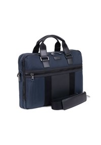 Marineblauwe laptoptas met zwarte leren accenten, dubbele ritscompartimenten, bovenhandvatten en een afneembare schouderriem. Textuurstof.