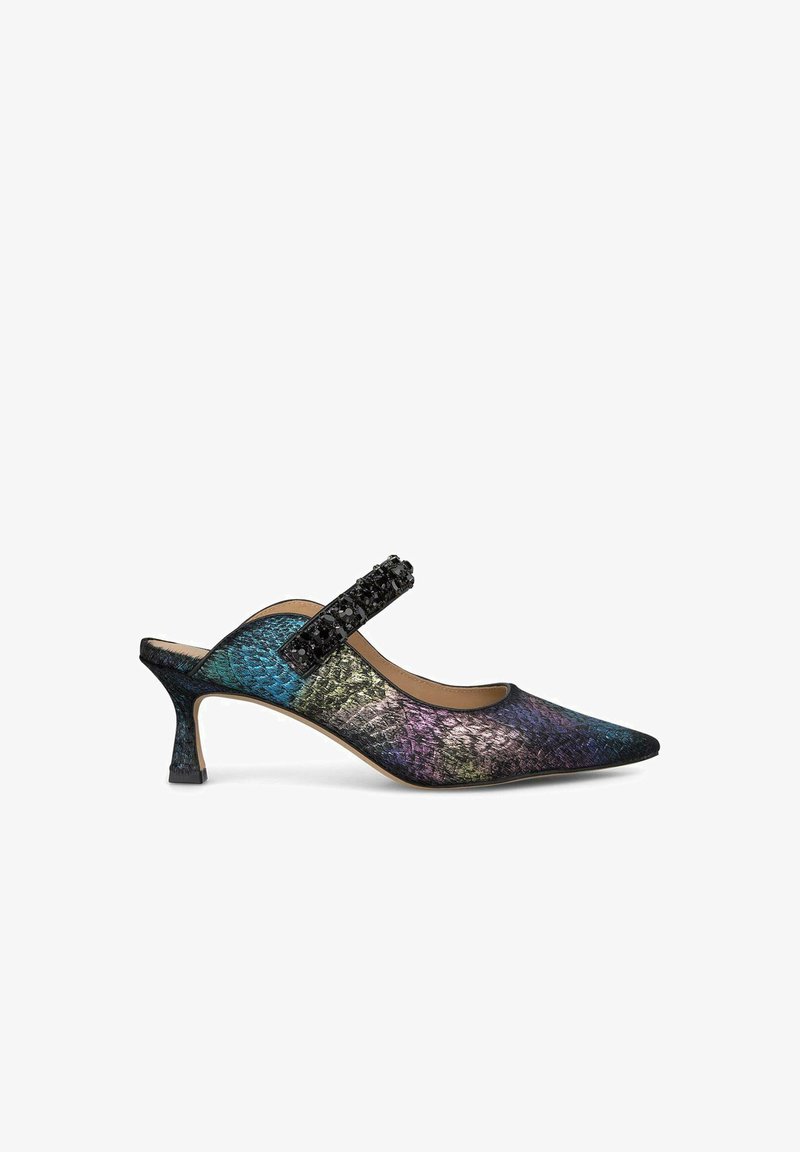 Kleurvolle slingback schoenen met een spitse neus, textuurmateriaal met iriserende tinten en een zwarte kralen enkelband.