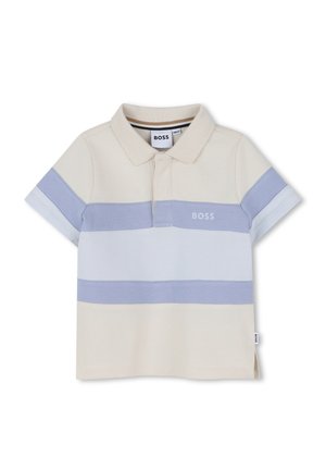 Beige en lichtblauw gestreept poloshirt met korte mouwen en kraag, met het merk "BOSS" op de borst en een label aan de zijnnaad.