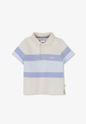 Polo a maniche corte a righe beige e azzurro chiaro con colletto, marchiata "BOSS" sul petto e con etichetta sulla cucitura laterale.