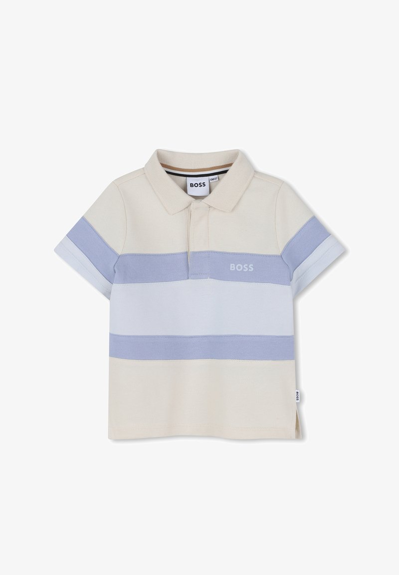 Polo à manches courtes beige et bleu clair rayé, avec col, marqué "BOSS" sur la poitrine et étiquette sur la couture latérale.