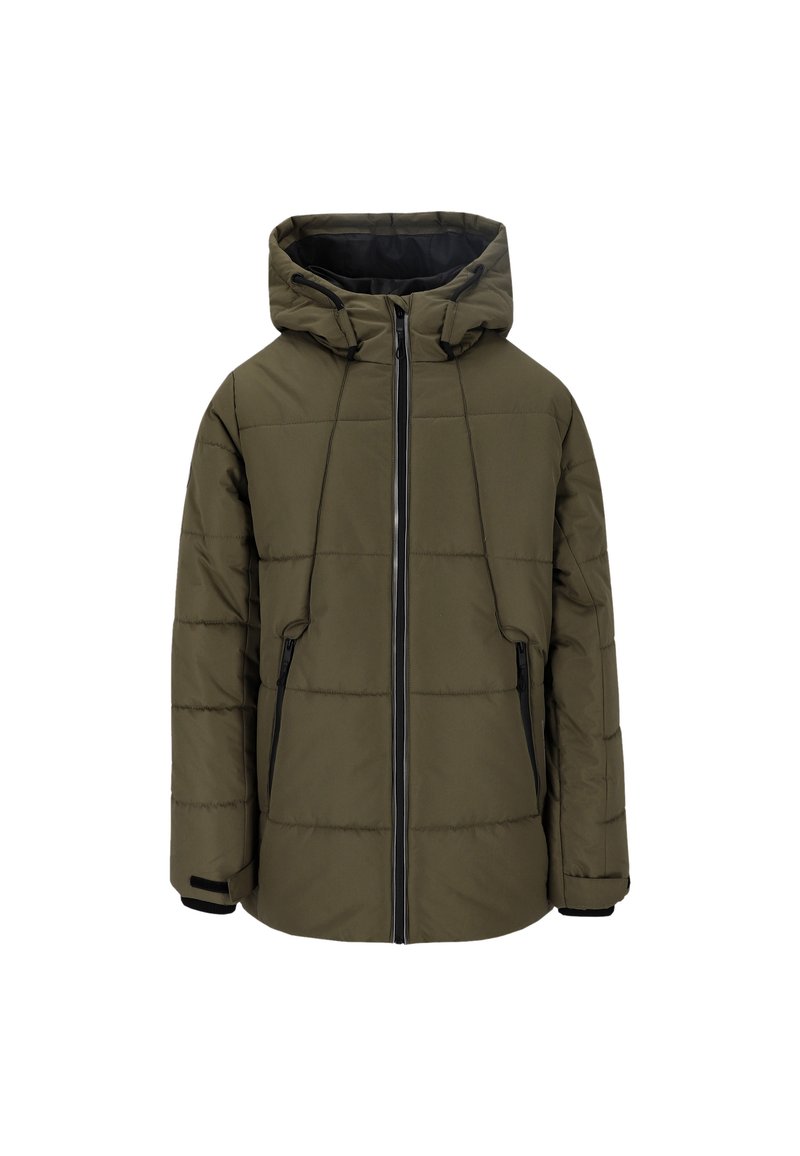 Padded jacket w kolorze oliwkowym, z kapturem, zamkiem błyskawicznym z przodu, dwiema bocznymi kieszeniami i czarnymi zamkami. Teksturowany pikowany wzór.