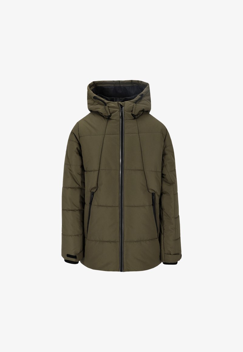 Padded jacket w kolorze oliwkowym, z kapturem, zamkiem błyskawicznym z przodu, dwiema bocznymi kieszeniami i czarnymi zamkami. Teksturowany pikowany wzór.