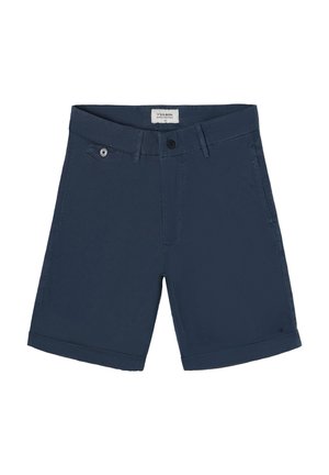 Pantalones cortos de hombre en color azul marino con diseño de parte delantera plana, fabricados en tejido ligero, con cierre de botón y bolsillos laterales.