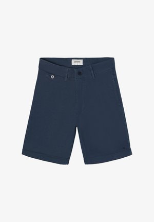 Pantalones cortos de hombre en color azul marino con diseño de parte delantera plana, fabricados en tejido ligero, con cierre de botón y bolsillos laterales.