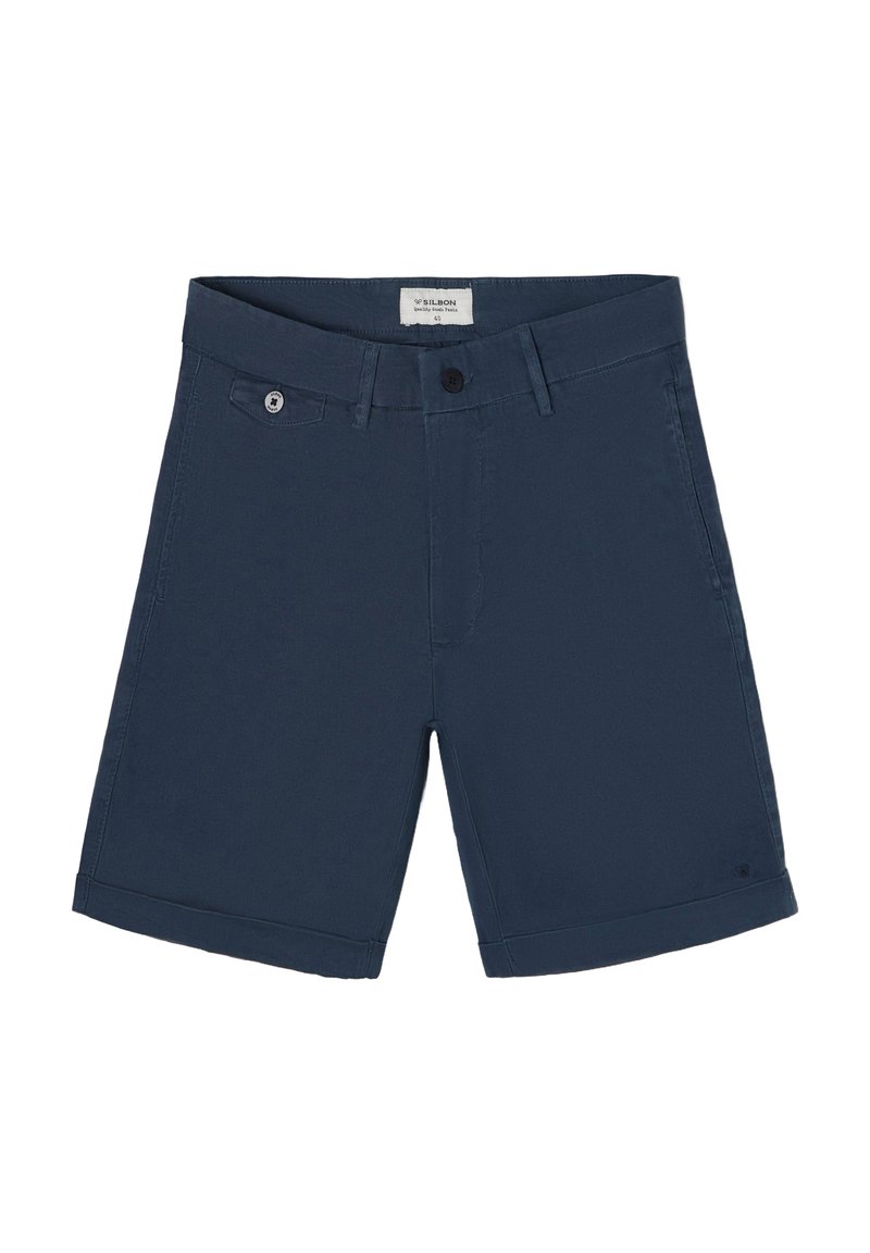 Pantalones cortos de hombre en color azul marino con diseño de parte delantera plana, fabricados en tejido ligero, con cierre de botón y bolsillos laterales.