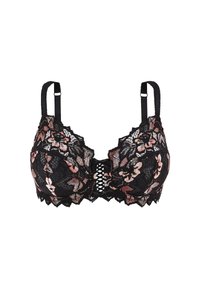 Soutien-gorge en dentelle noire avec des motifs floraux rose et pêche, un bord festonné et un centre avec des détails entrecroisés. Bretelles réglables incluses.