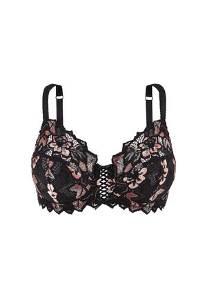 Soutien-gorge en dentelle noire avec des motifs floraux rose et pêche, un bord festonné et un centre avec des détails entrecroisés. Bretelles réglables incluses.
