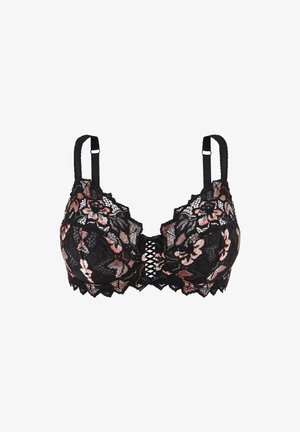 Soutien-gorge en dentelle noire avec des motifs floraux rose et pêche, un bord festonné et un centre avec des détails entrecroisés. Bretelles réglables incluses.