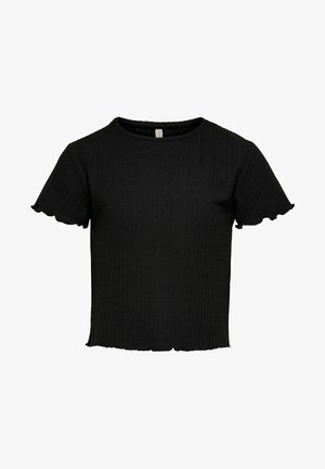 Zwarte geribbelde gebreide top met korte, gegolfde mouwen. Bevat een ronde halslijn en een iets cropped pasvorm. Zachte textuur, minimale details.
