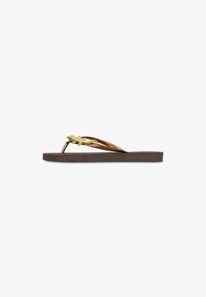 Brown flip-flop sandal with a glossy golden lizard accent on the strap. Textured rubber sole, flat design, and thong-style construction.