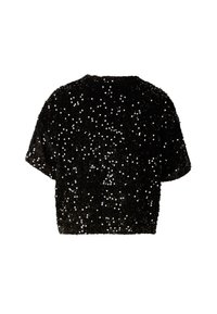 Sort crop top dækket med runde palietter, korte ærmer og en blød tekstur. Bagsiden har en enkel, rundet halsudskæring.