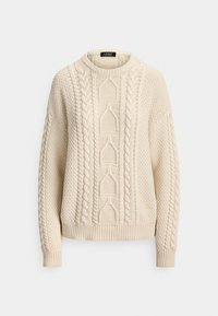 Pletený sveter v krémovej farbe s okrúhlym výstrihom, zdobený textúrovanými vzormi a detailmi vrkočového pletenia. Rukávy a lem ukončené rebrovaním zvýrazňujú dizajn.