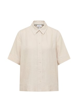 Béžová krátkosleeve košile na knoflíky s ostrým límcem a volným střihem.