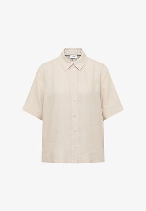 Béžová krátkosleeve košile na knoflíky s ostrým límcem a volným střihem.