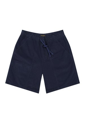 Temno modre priložnostne kratke hlače z elastičnim pasom, sprednjo vrvico, dvema stranskima žepoma in našitnim žepom na levem stegnu.