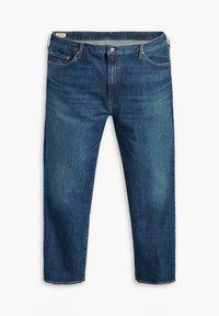 Jean en denim bleu avec une coupe droite décontractée, bouton et fermeture éclair à l'avant, et style à cinq poches sur fond blanc.