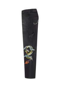 Black denim cargo pants with a fitted design. Features a colorful dragon embroidery on the left leg and a side pocket attached.