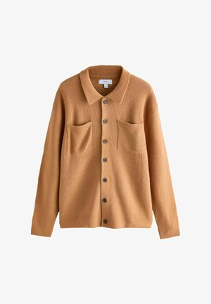 Pruun, tekstureeritud kudumiga kardigan kraega, kahe esi-tasku ja tumeda halli nööbiga keskel. Pika varrukaga, mugav lõige.