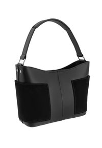 Black leather handbag with smooth texture, featuring two black suede side pockets and a wide handle. Structured design with minimalistic accents.